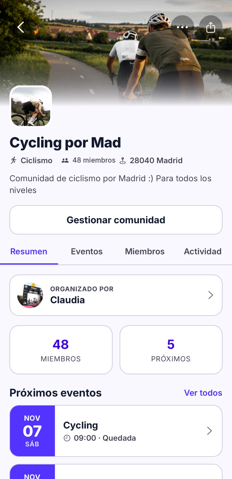 Pantalla de gestión de comunidad en Evolver con 48 miembros y 5 eventos próximos