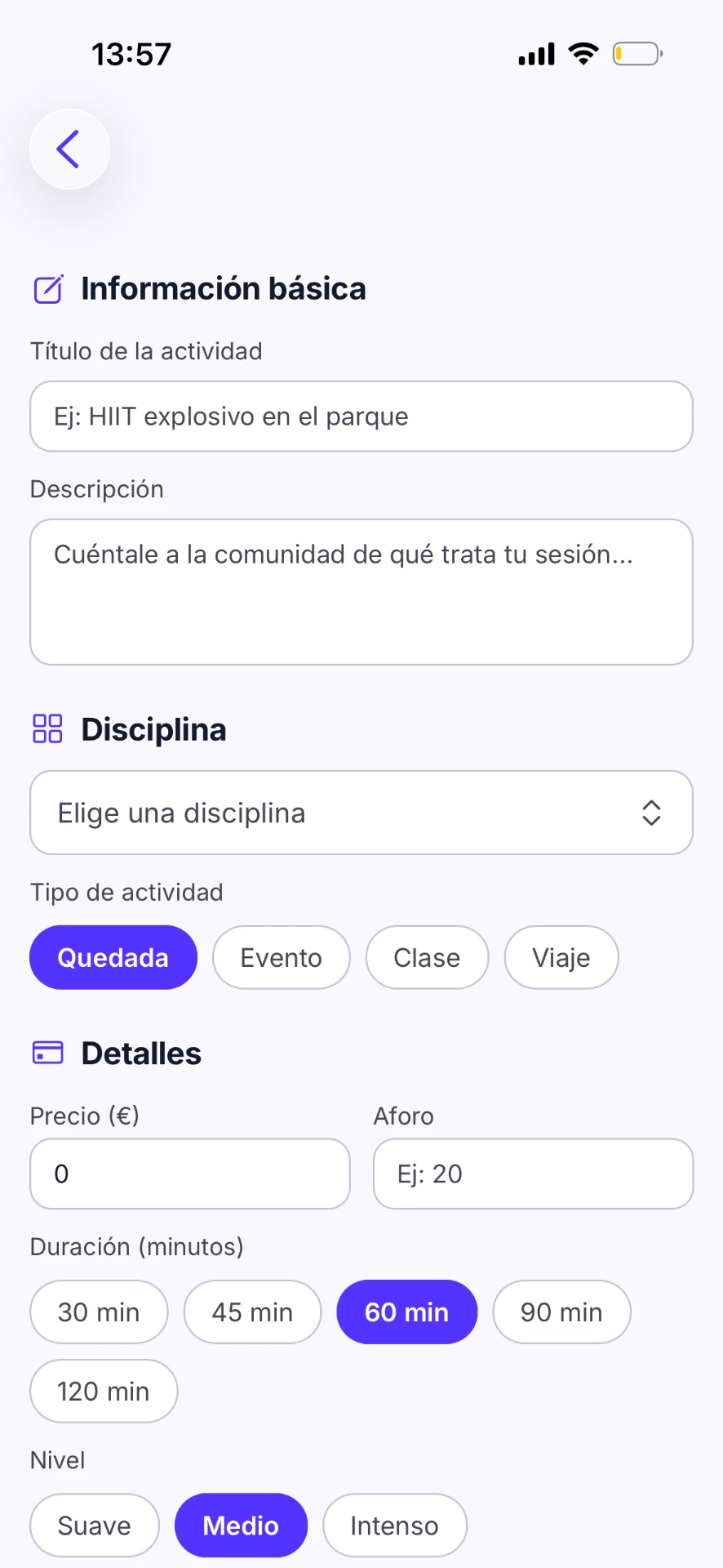 Formulario de Evolver para que un host publique una actividad