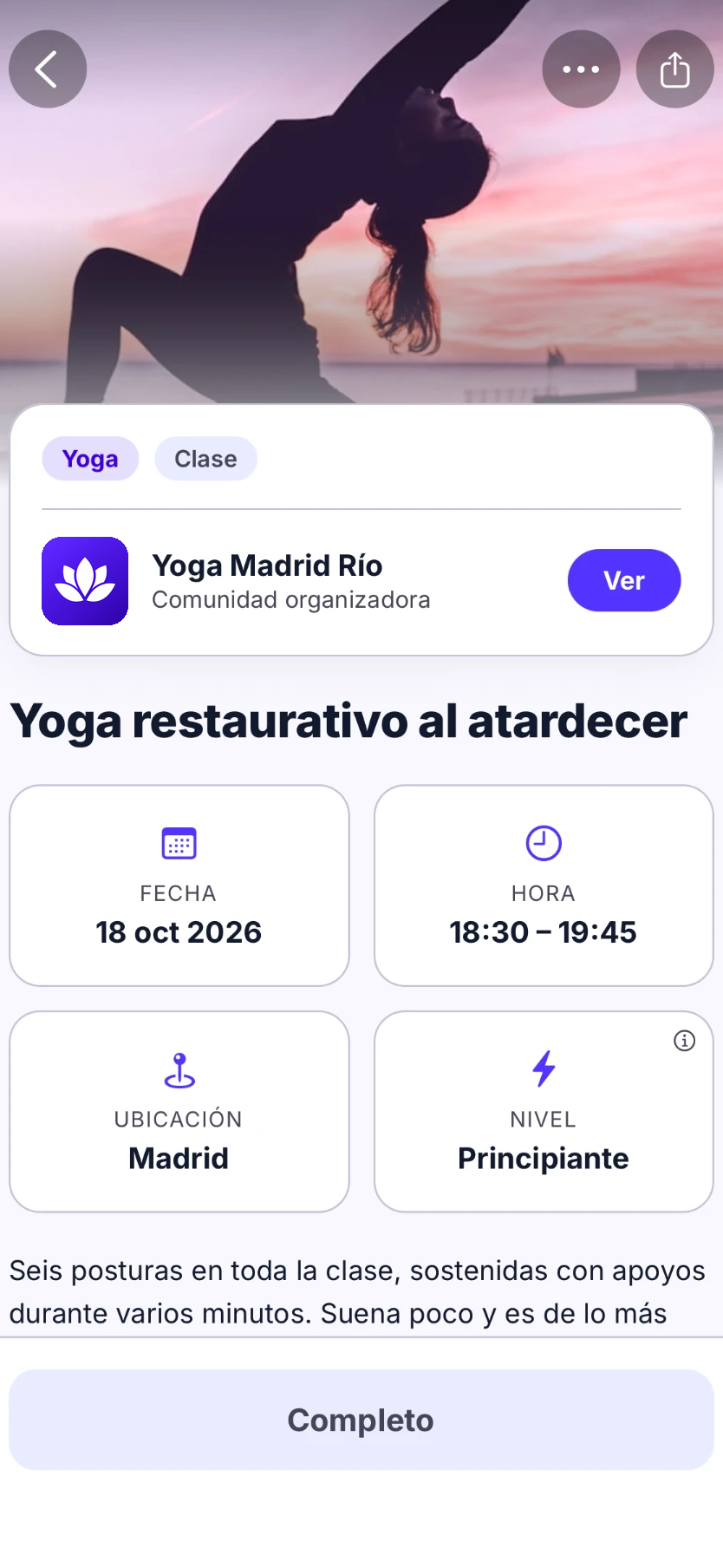 Detalle de una actividad en Evolver con fecha, hora, ubicación, nivel y plazas