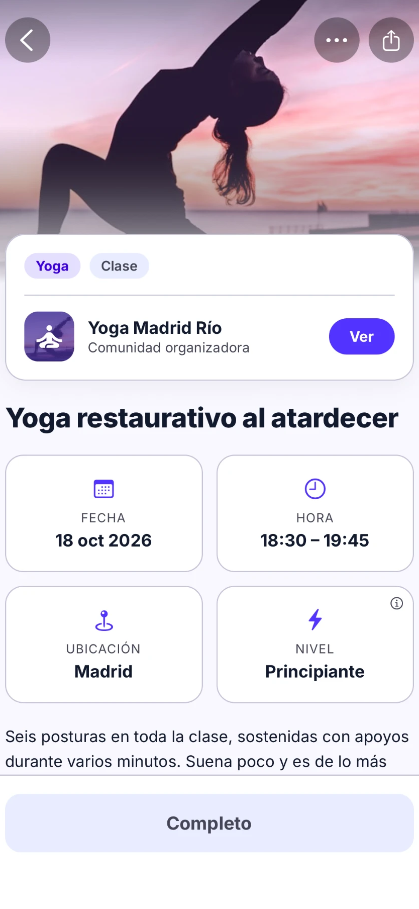 Detalle de una actividad en Evolver con fecha, hora, ubicación, nivel y plazas