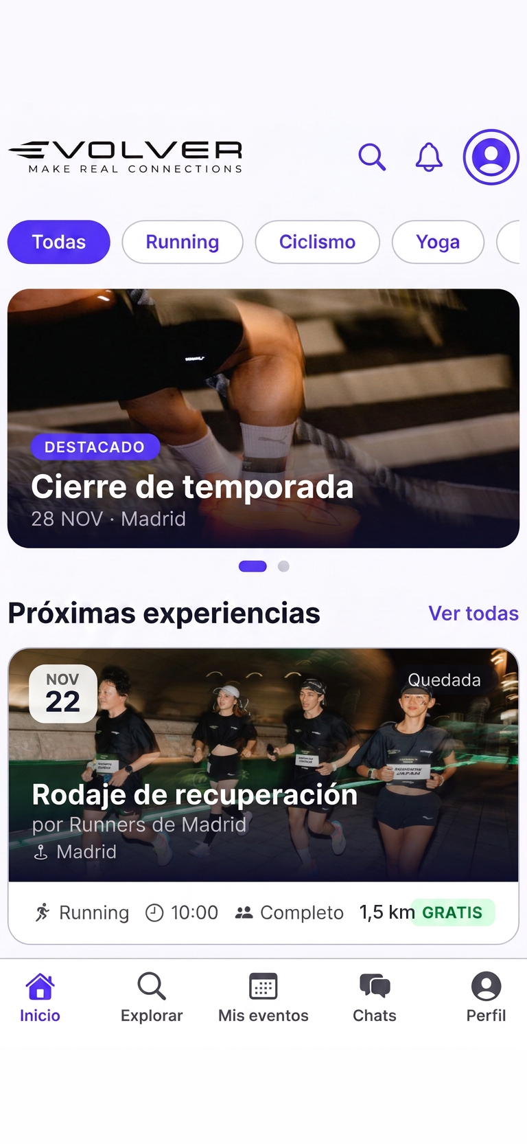 Inicio de Evolver con actividades destacadas y próximas experiencias