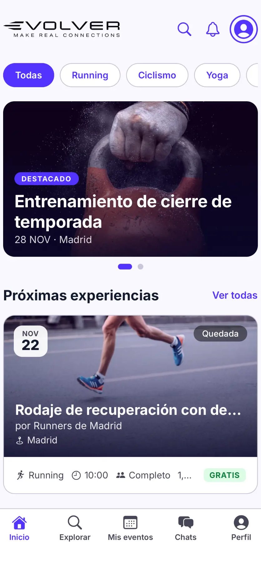 Inicio de Evolver con actividades destacadas y próximas experiencias